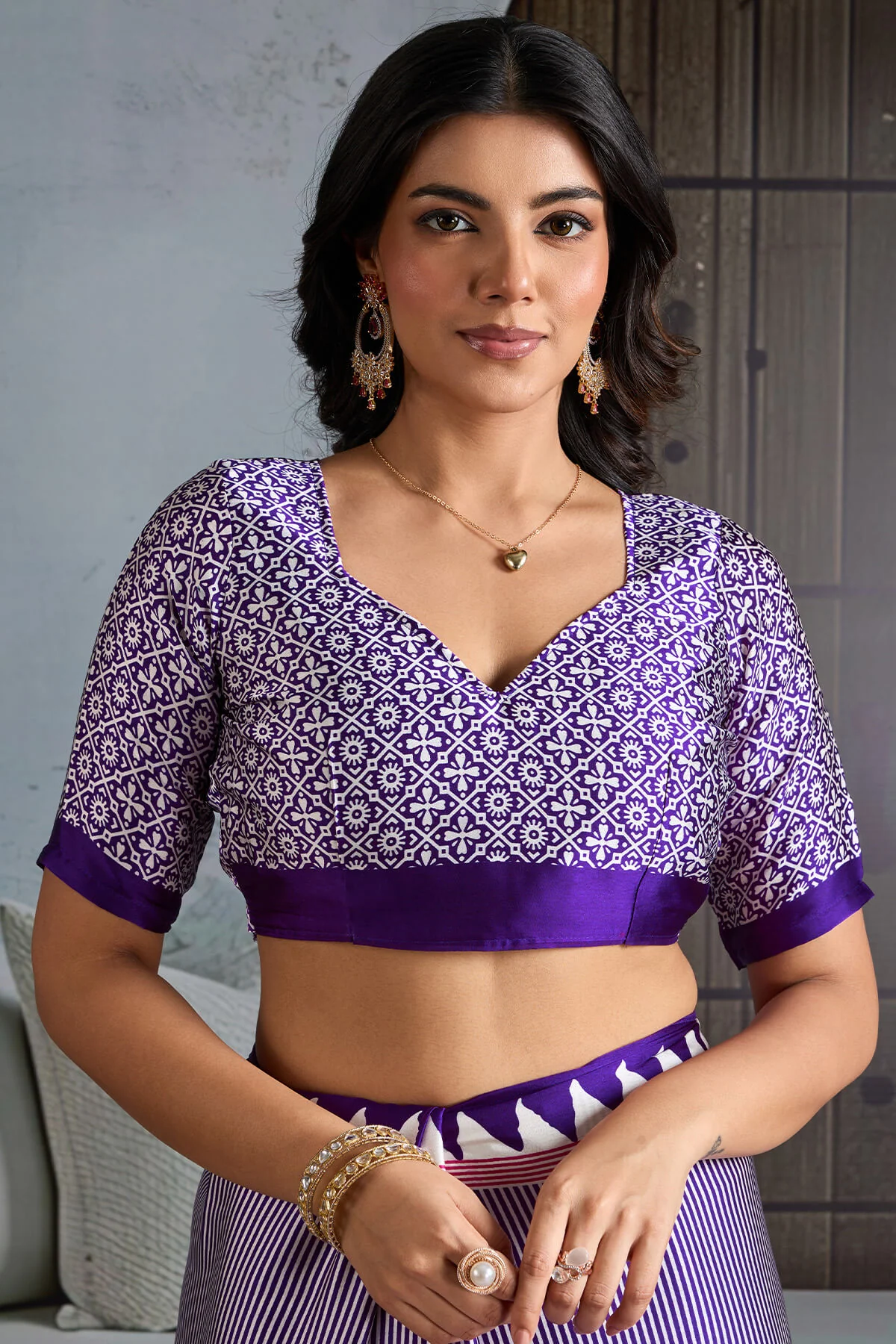 Innovative Purple Ajrakh Printed Satin Silk Saree With Transcendent Blouse Piece - Image 4