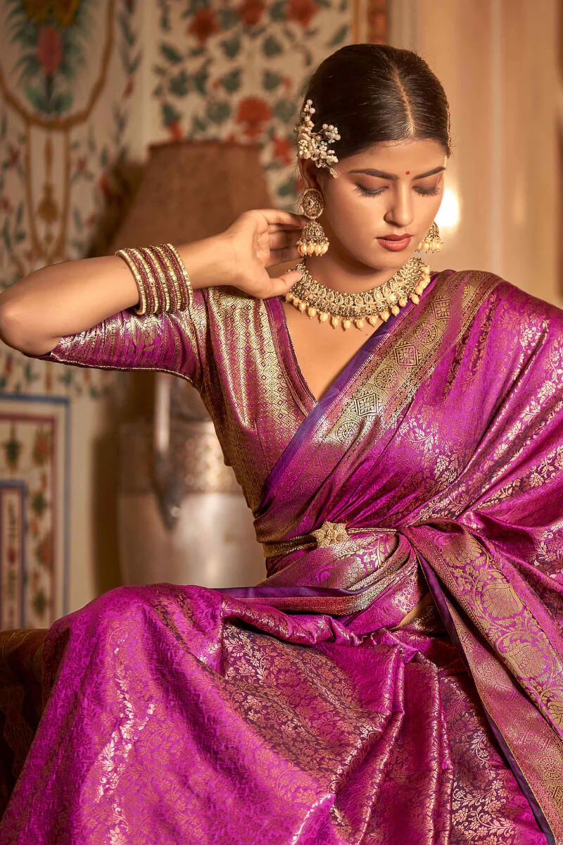 Innovative Purple Kanjivaram Silk Saree With Flattering Blouse Piece - Image 2