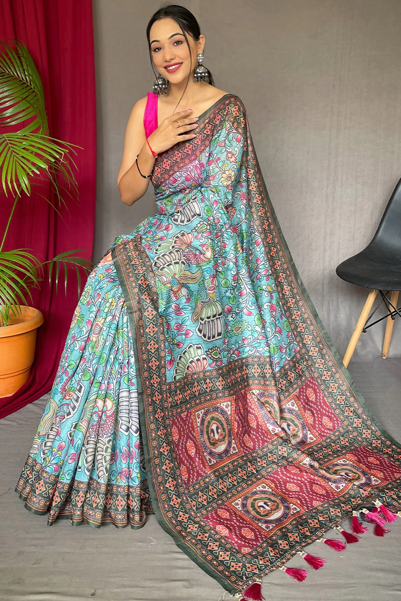 Innovative Sky Kalamkari Printed Saree With Preferable Blouse Piece - Image 3