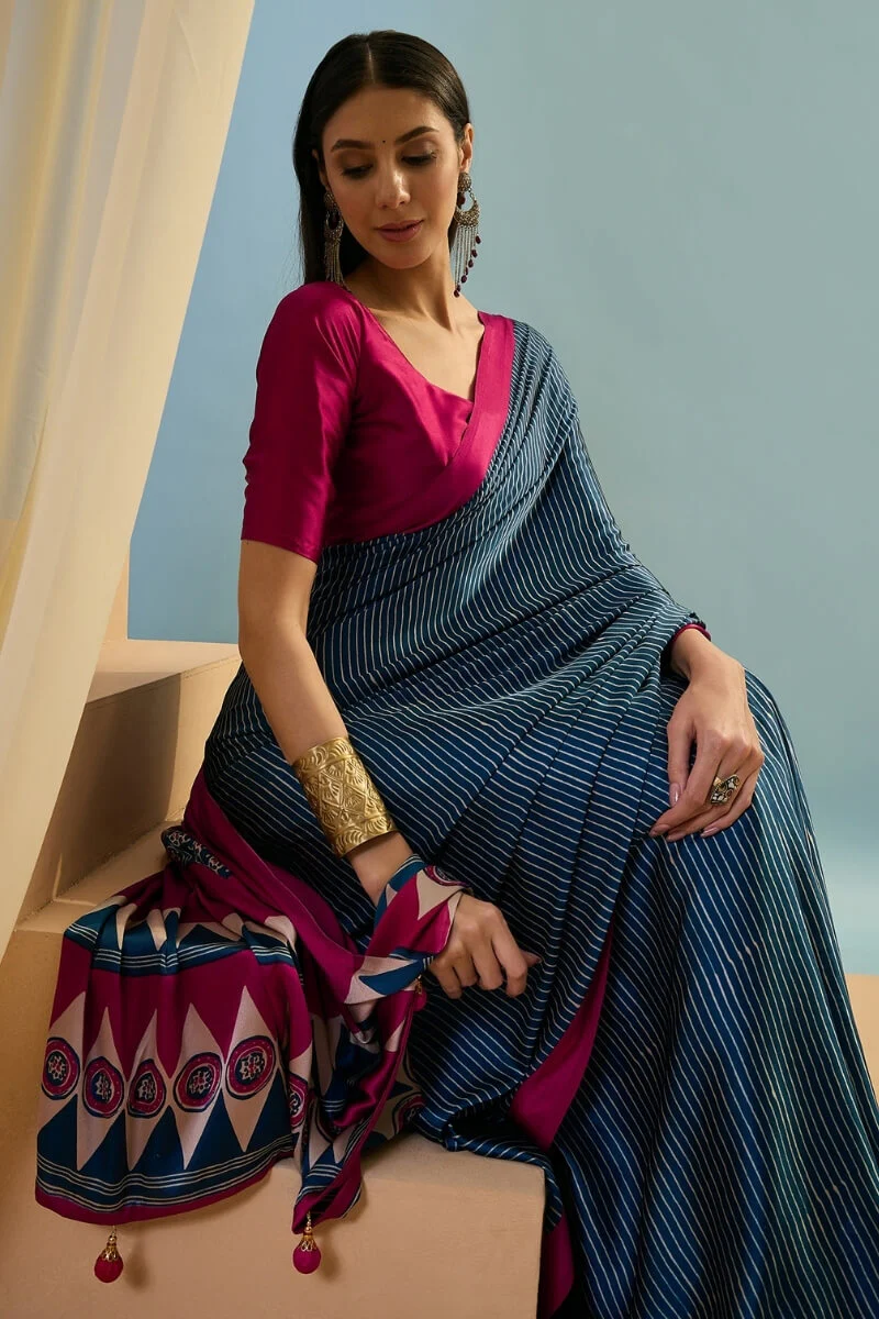 Inspiring Navy Blue Ajrakh Printed Semi Modal Silk Saree With Fugacious Blouse Piece - Image 2
