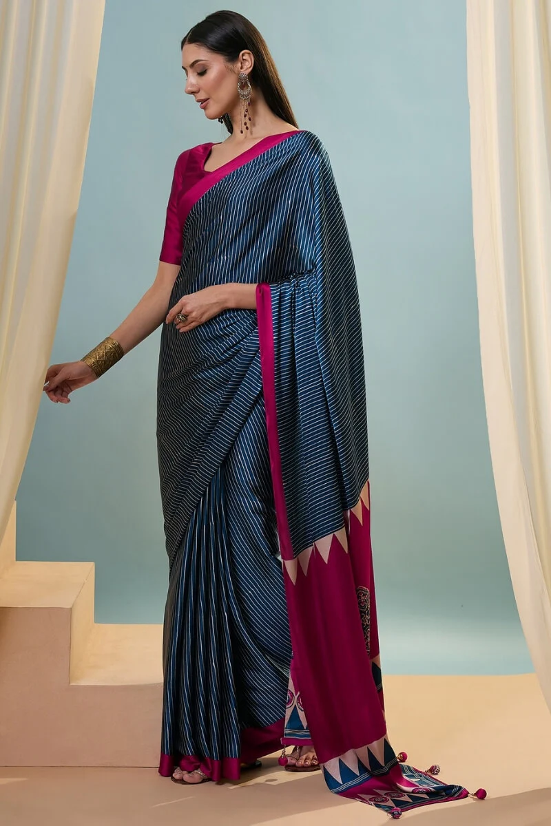 Inspiring Navy Blue Ajrakh Printed Semi Modal Silk Saree With Fugacious Blouse Piece - Image 3