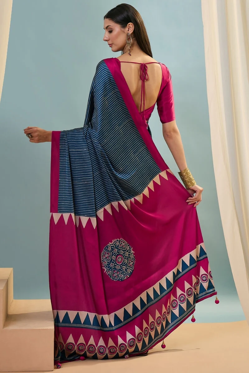 Inspiring Navy Blue Ajrakh Printed Semi Modal Silk Saree With Fugacious Blouse Piece - Image 5