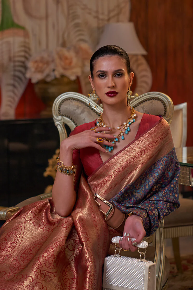 Inspiring Navy Blue Pashmina saree With insanely Blouse Piece - Image 2