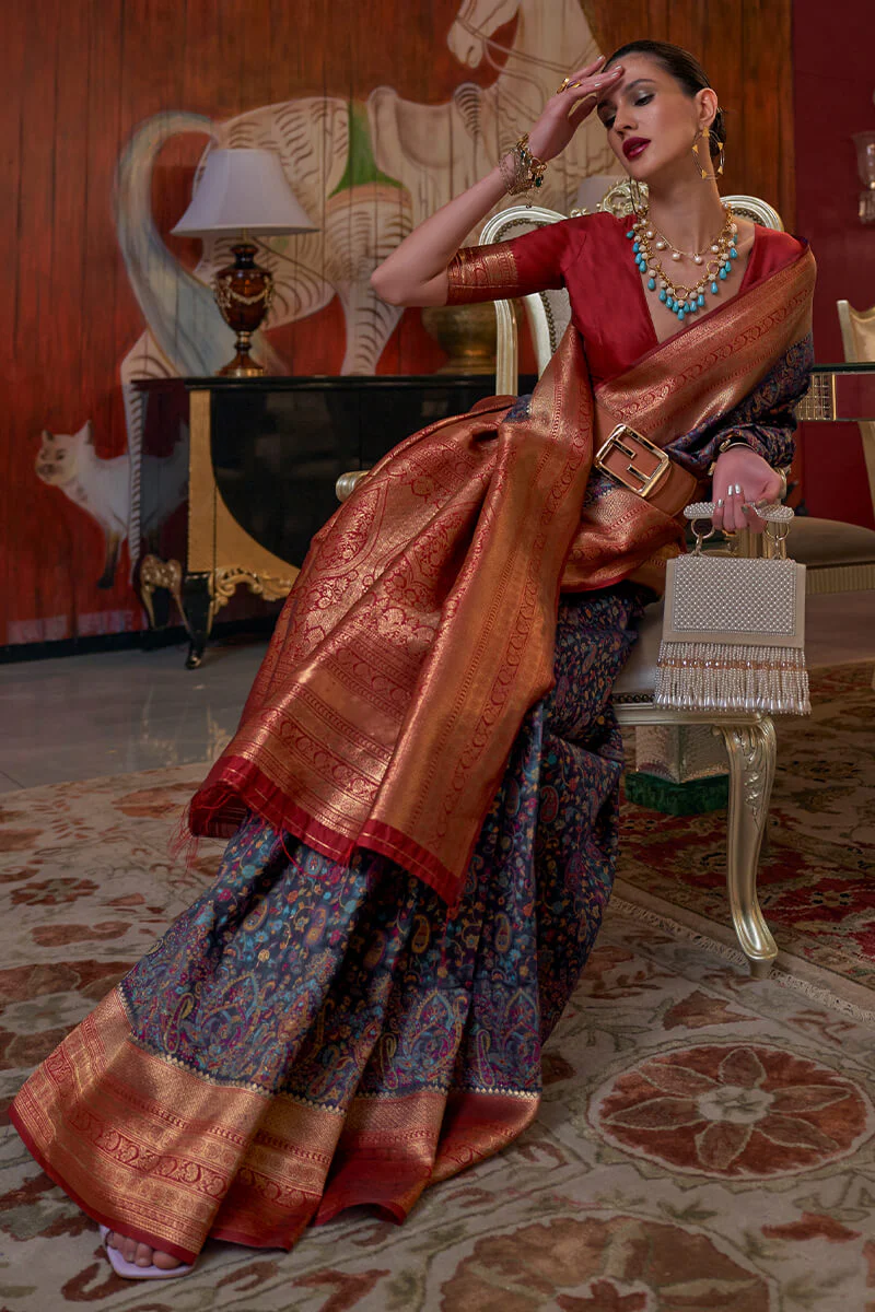 Inspiring Navy Blue Pashmina saree With insanely Blouse Piece - Image 3