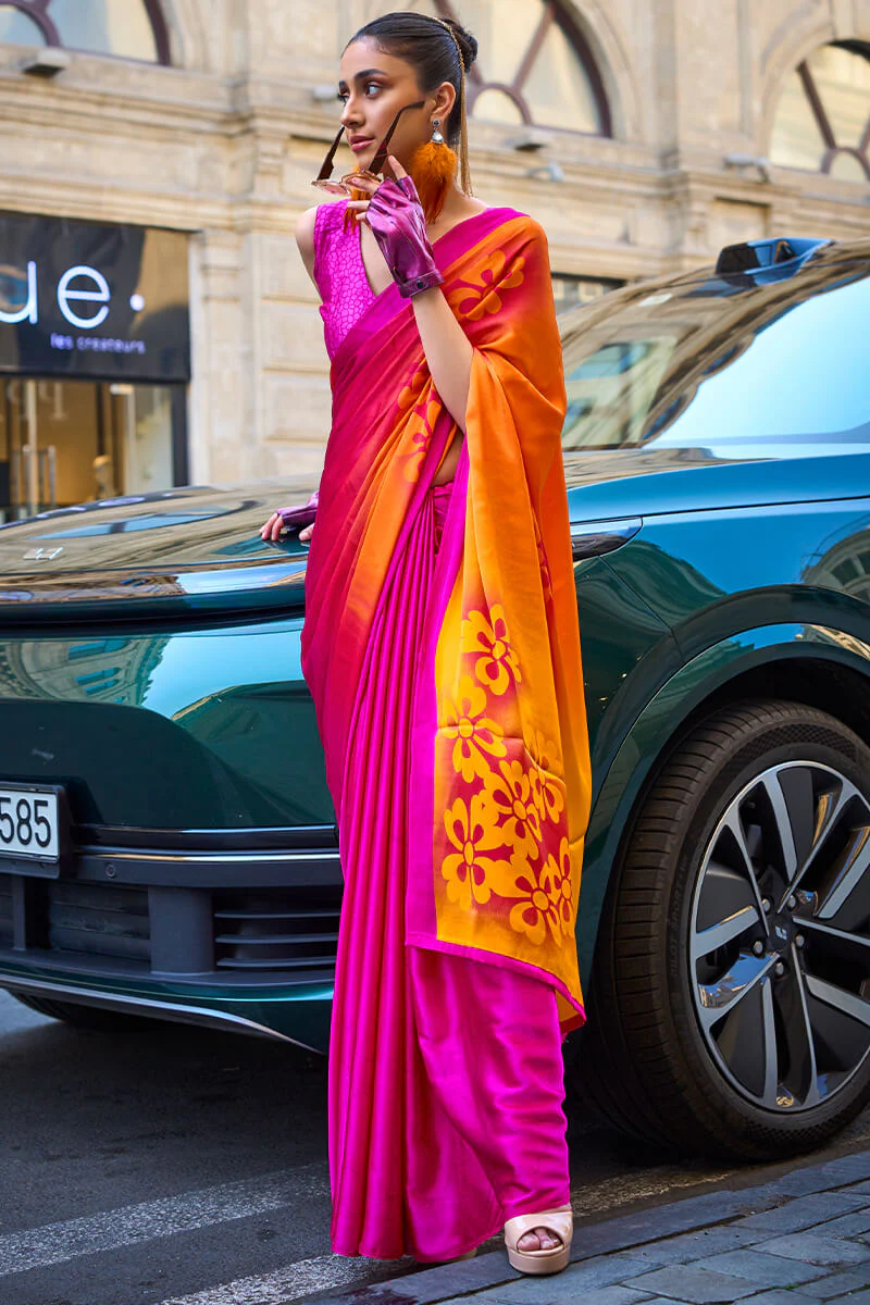 Inspiring Pink and Yellow Digital Printed Satin Silk Saree With Fairytale Blouse Piece
