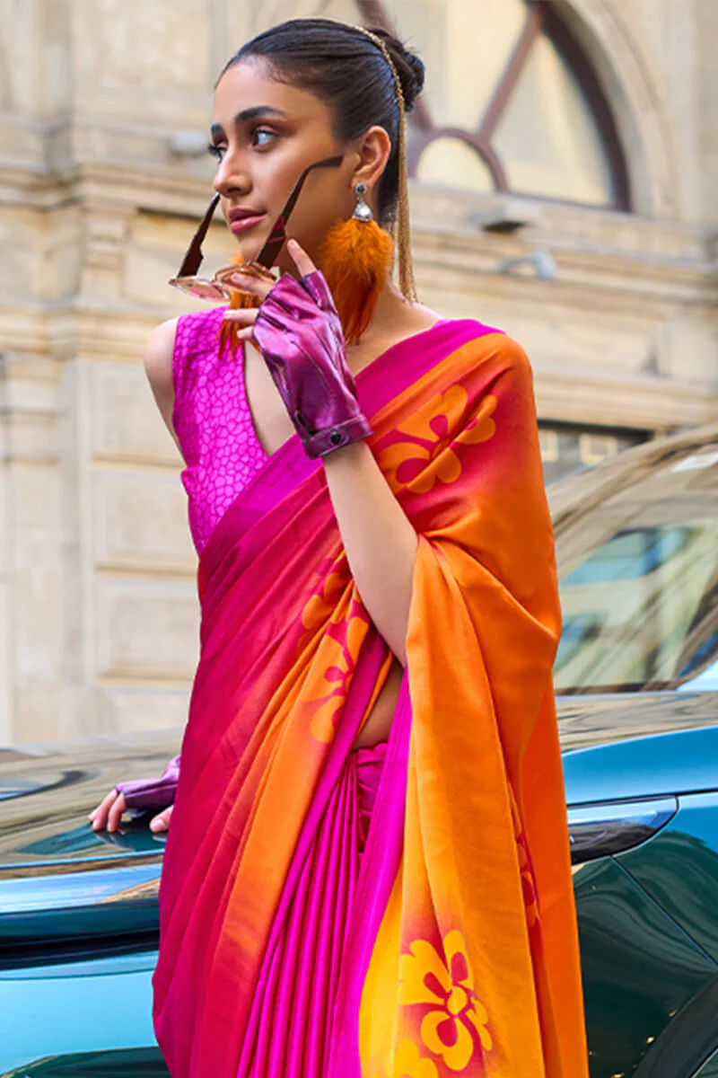 Inspiring Pink and Yellow Digital Printed Satin Silk Saree With Fairytale Blouse Piece - Image 2