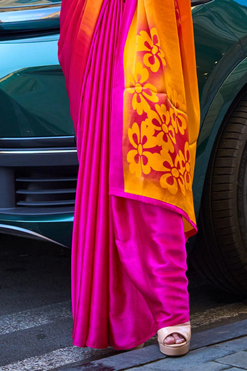 Inspiring Pink and Yellow Digital Printed Satin Silk Saree With Fairytale Blouse Piece - Image 4