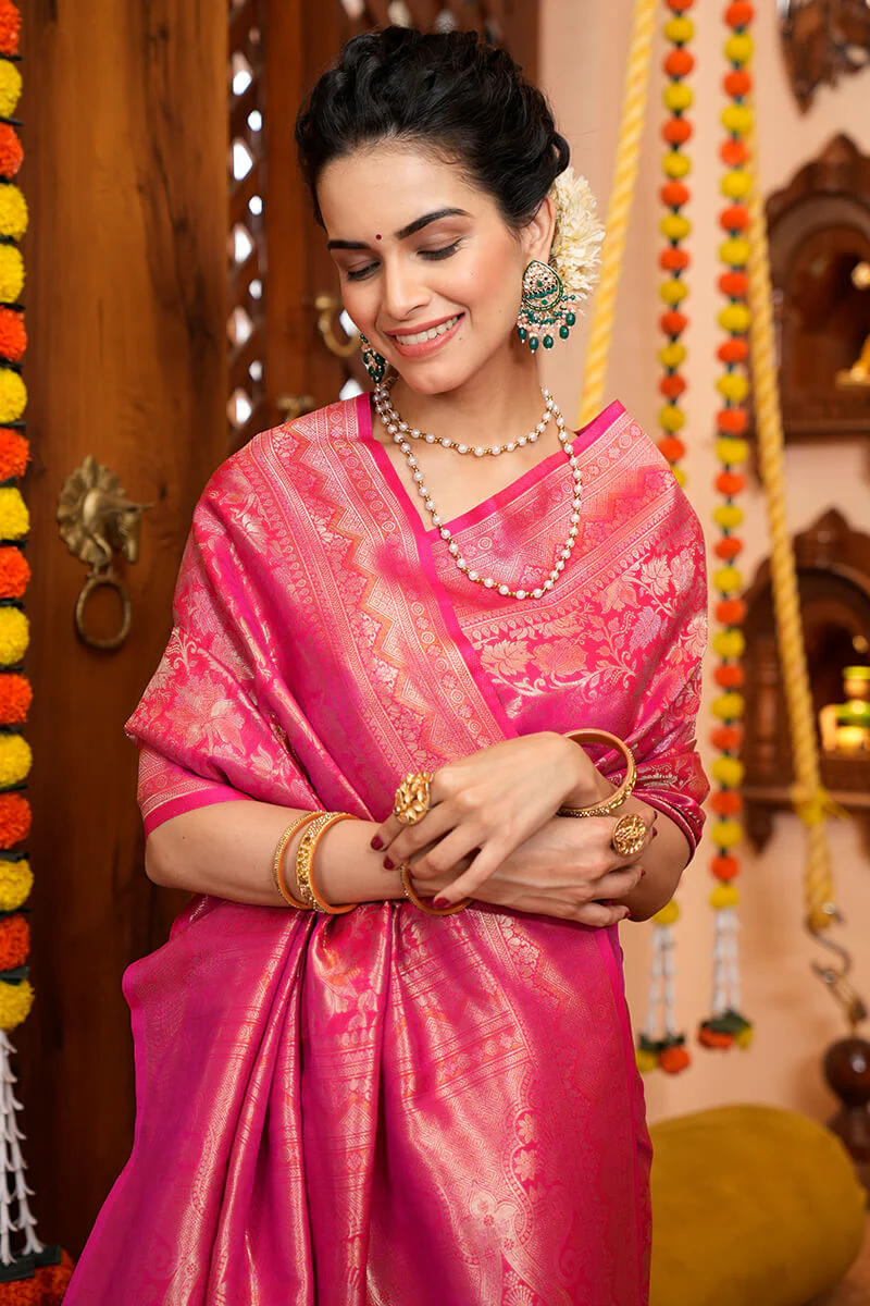 Inspiring Pink Soft Silk Saree With Desuetude Blouse Piece - Image 3