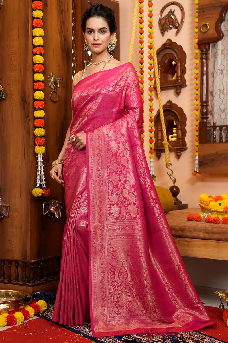 Inspiring Pink Soft Silk Saree With Desuetude Blouse Piece - Image 4