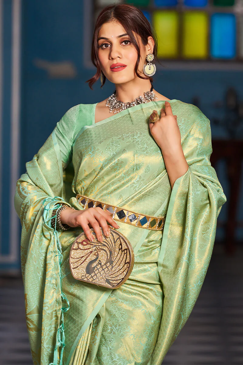 Inspiring Pista Kanjivaram Silk Saree With Traditional Blouse Piece - Image 2