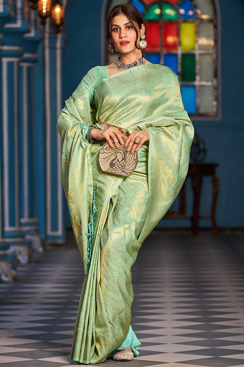 Inspiring Pista Kanjivaram Silk Saree With Traditional Blouse Piece - Image 3