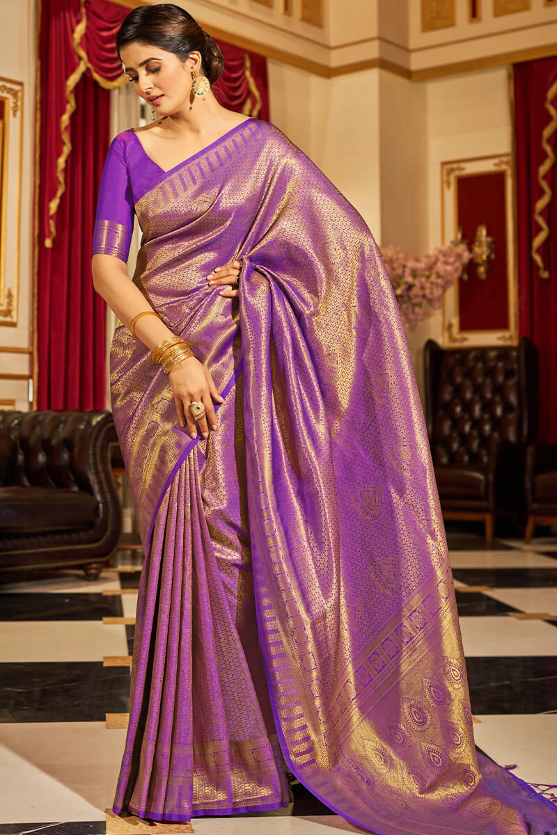 Inspiring Purple Kanjivaram Silk Saree With Divine Blouse Piece - Image 3
