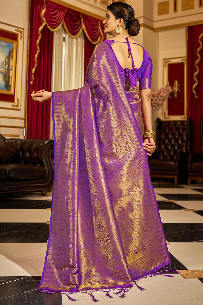 Inspiring Purple Kanjivaram Silk Saree With Divine Blouse Piece - Image 4