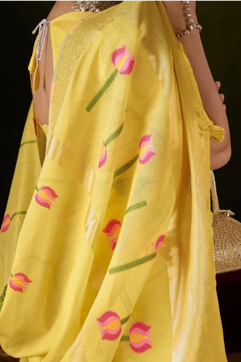 Inspiring Yellow Cotton Silk Saree With Sizzling Blouse Piece - Image 4