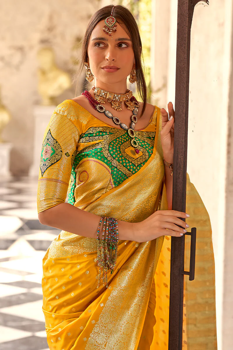 Inspiring Yellow Soft Banarasi Silk Saree With Admirable Blouse Piece - Image 2