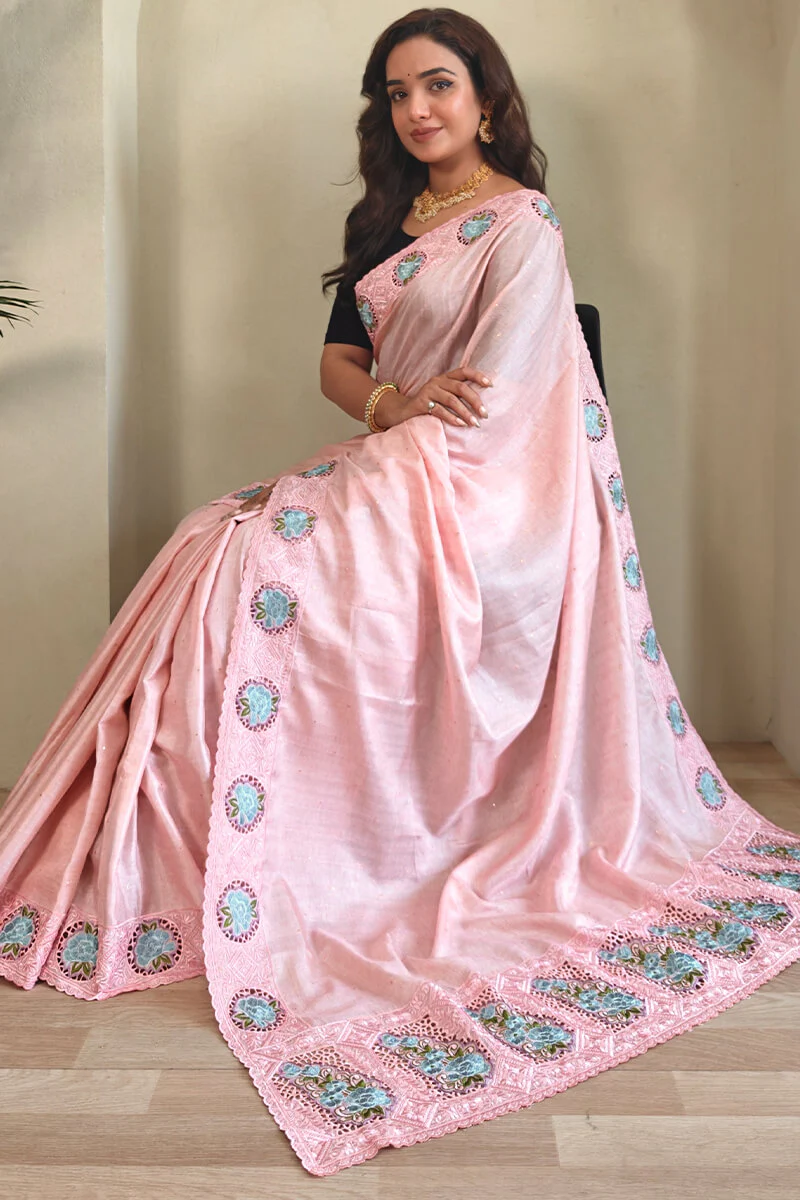 Intricate Baby Pink Embroidery Work Tussar Silk Saree With Sensational Blouse Piece - Image 4