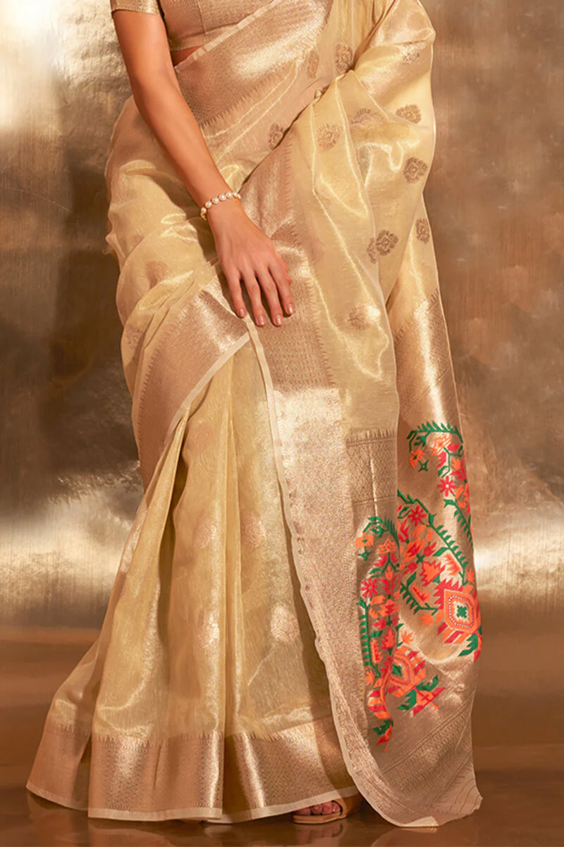 Intricate Beige Paithani Silk Saree With Capricious Blouse Piece - Image 3
