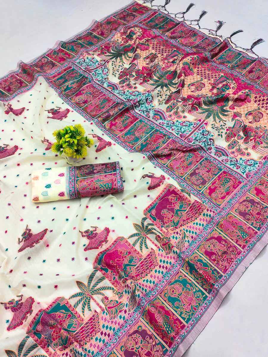 Intricate Beige Pashmina Saree With Gorgeous Blouse Piece - Image 3