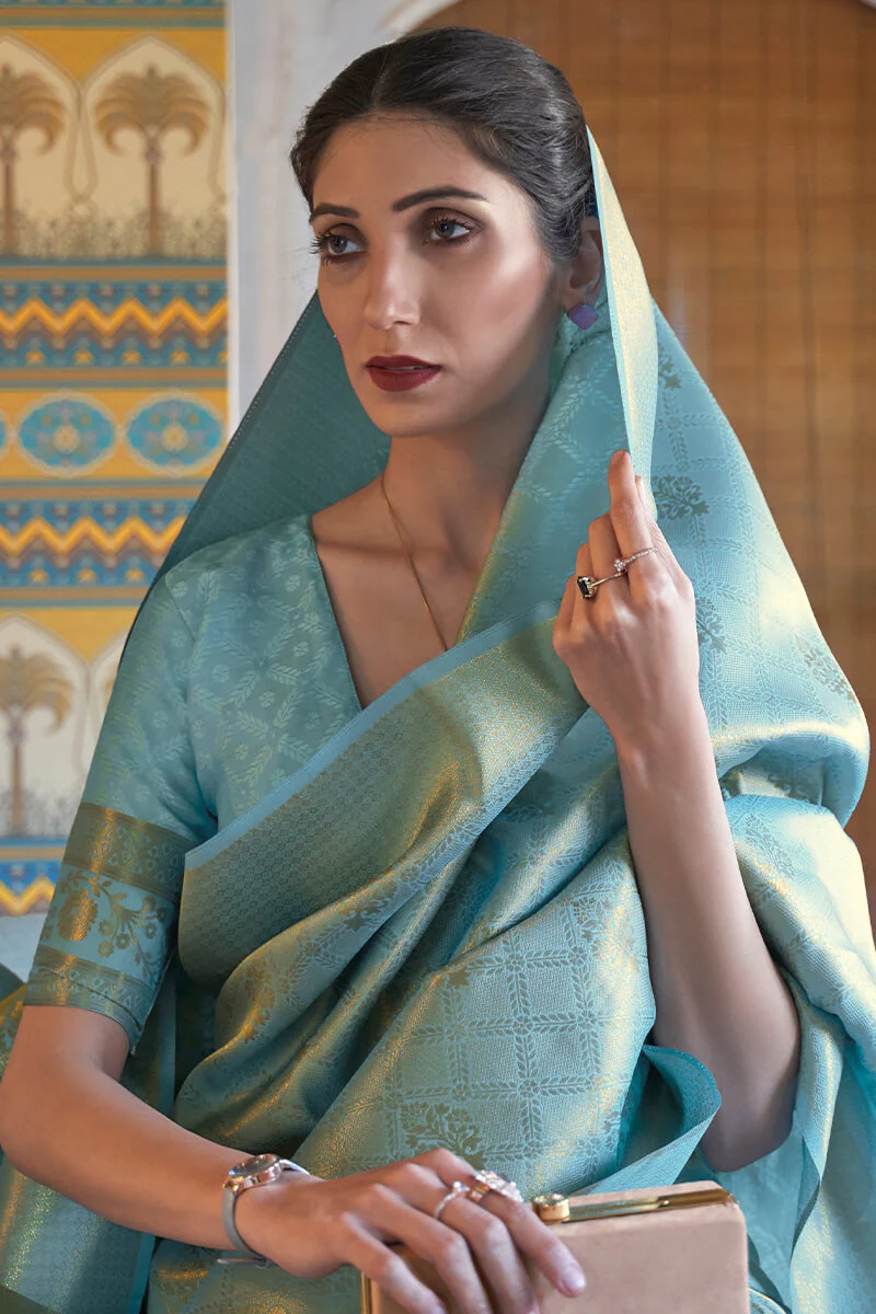 Intricate Firozi Kanjivaram Silk Saree With Breathtaking Blouse Piece - Image 2