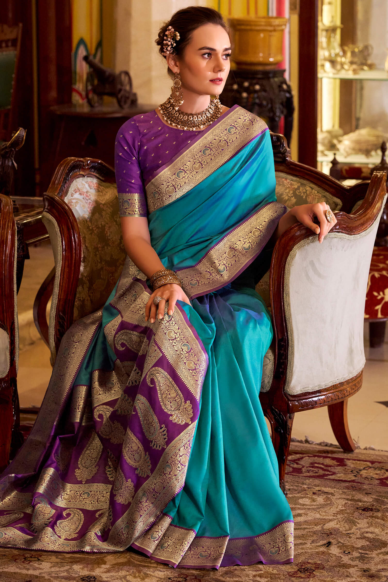 Intricate Firozi Soft Banarasi Silk Saree With Fairytale Blouse Piece - Image 3
