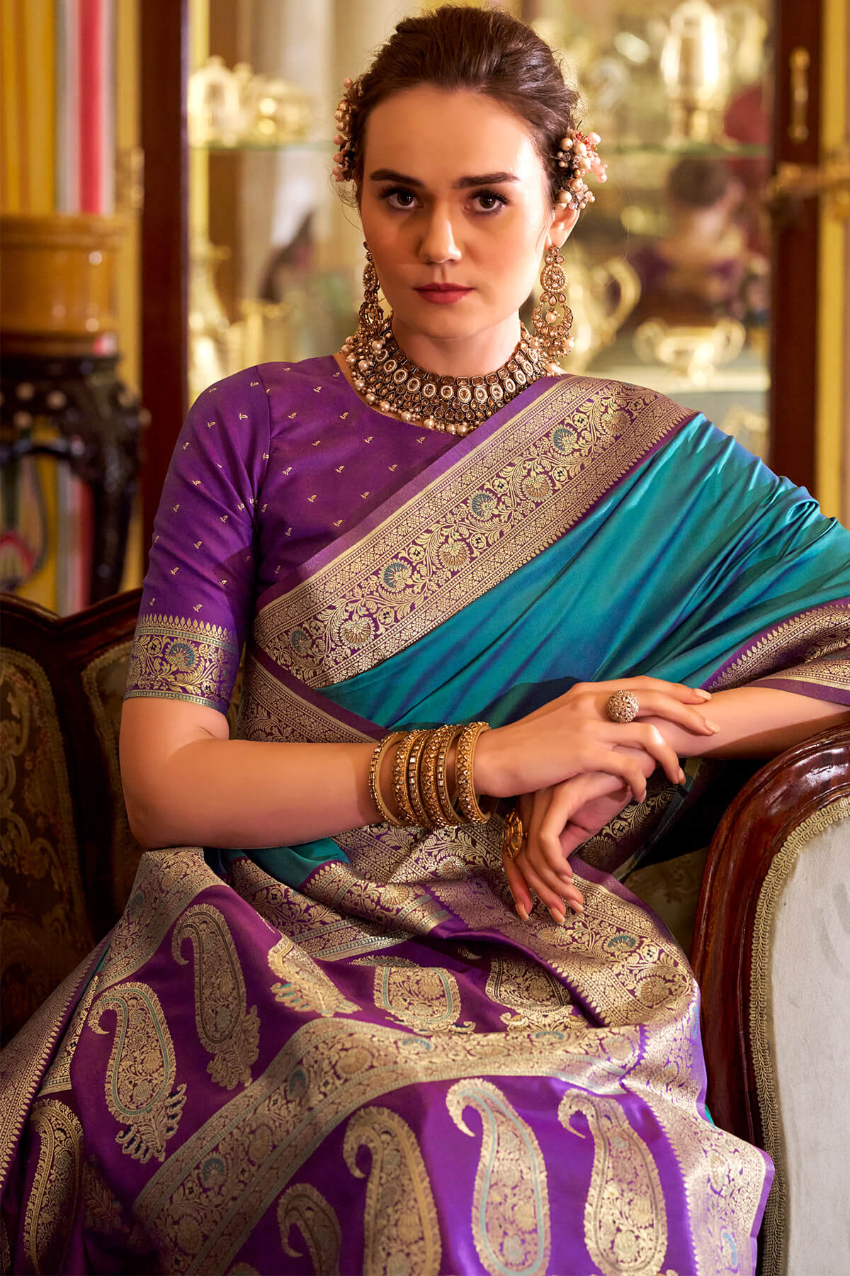 Intricate Firozi Soft Banarasi Silk Saree With Fairytale Blouse Piece - Image 5