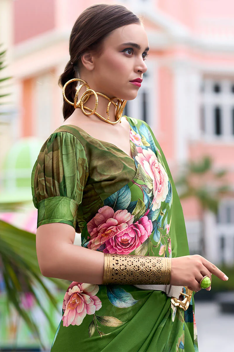 Intricate Green Digital Printed Georgette Saree With Charming Blouse Piece - Image 4