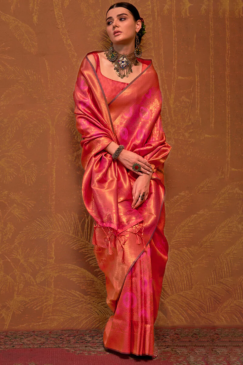 Intricate Pink Kanjivaram Silk Saree With Smart Blouse Piece - Image 3