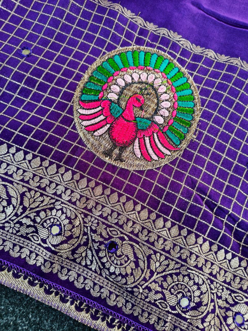 Intricate Purple Embroidery Work Dola Silk Saree With Fairytale Blouse Piece - Image 4