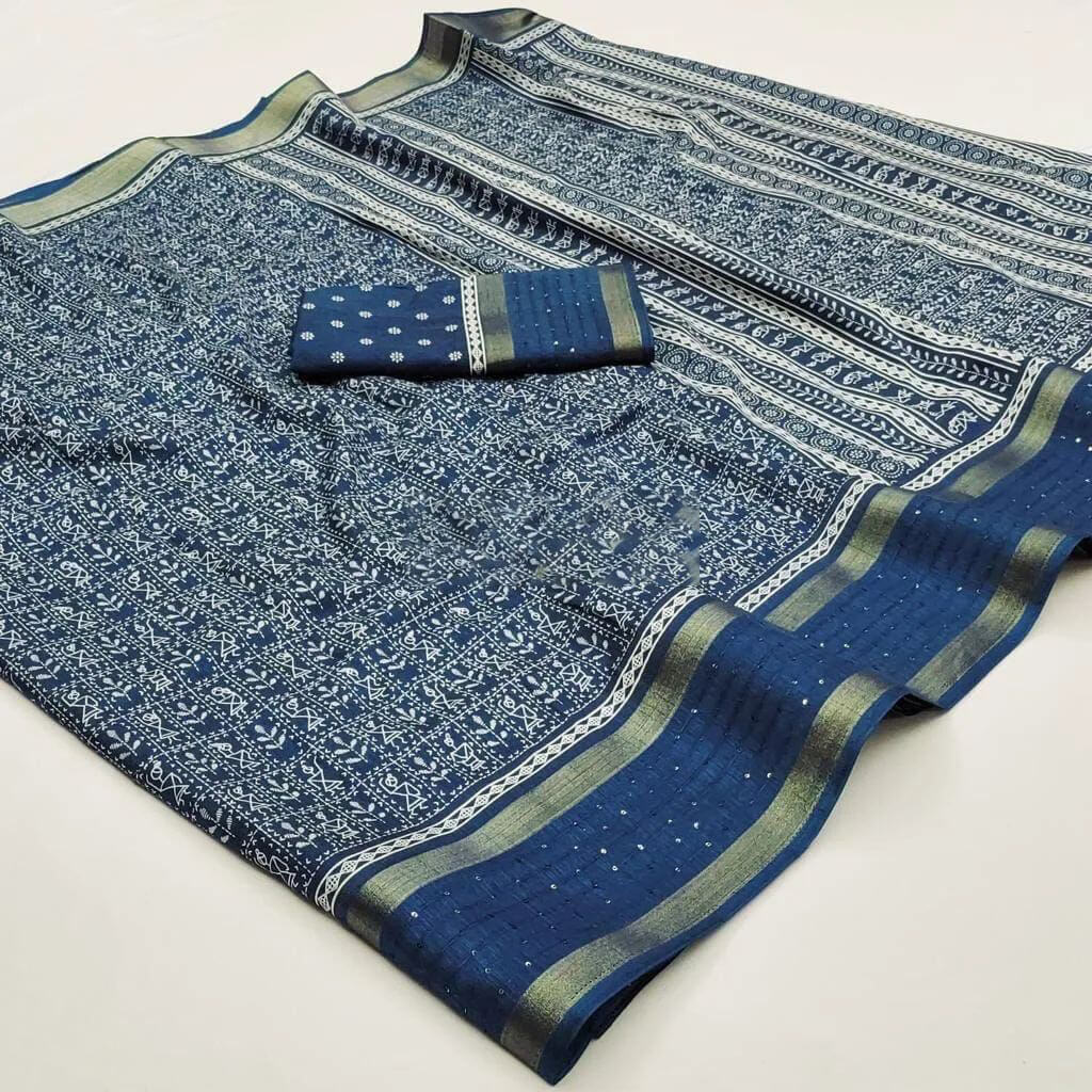 Intricate Rama Digital Printed Dola Silk Saree With Outstanding Blouse Piece - Image 2