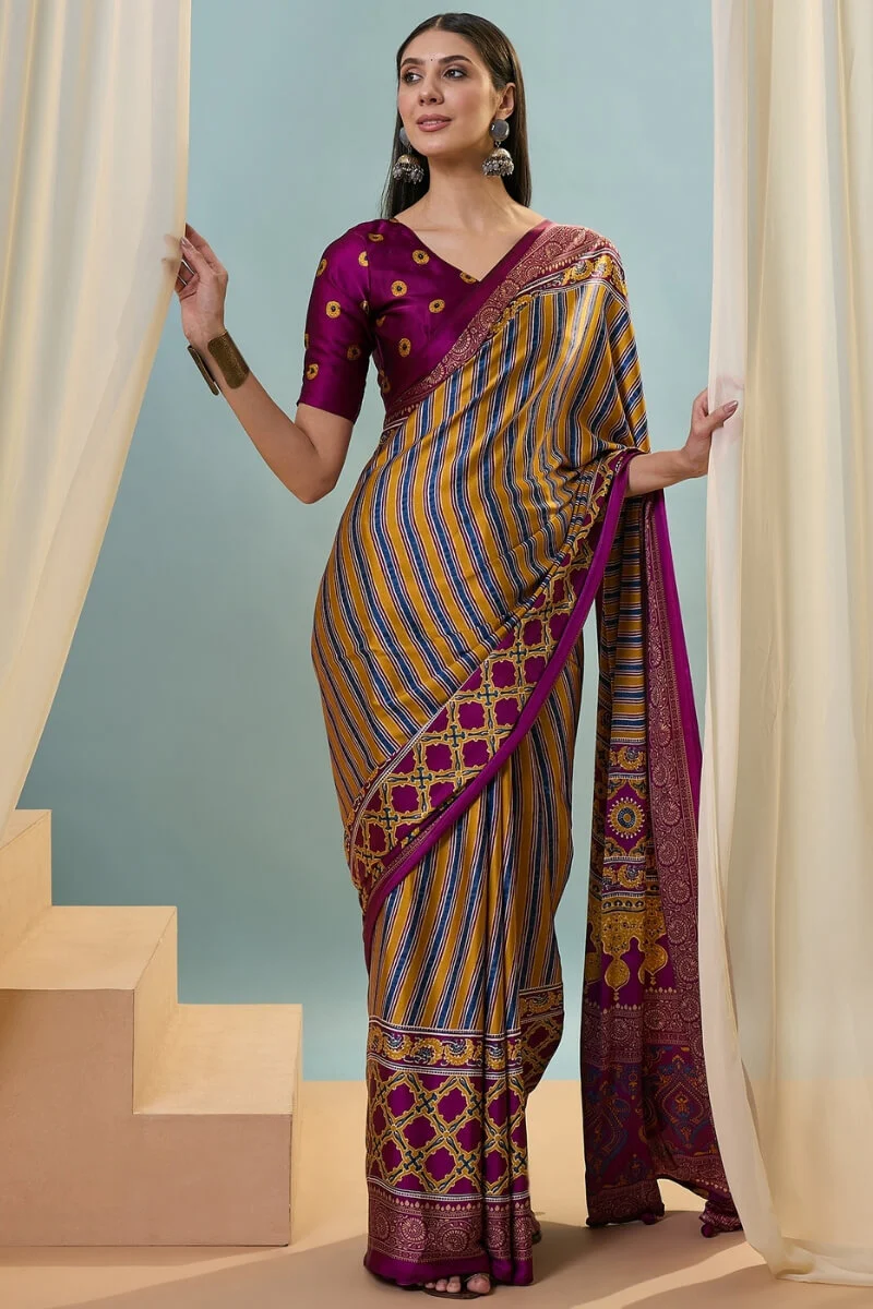 Intricate Yellow Ajrakh Printed Semi Modal Silk Saree With Comely Blouse Piece - Image 3