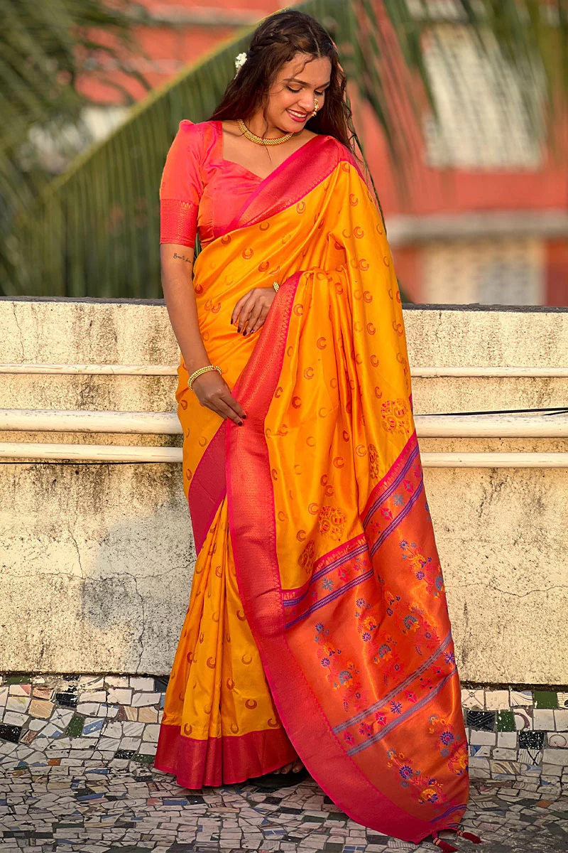 Intricate Yellow Paithani Silk Saree With Phenomenal Blouse Piece - Image 3