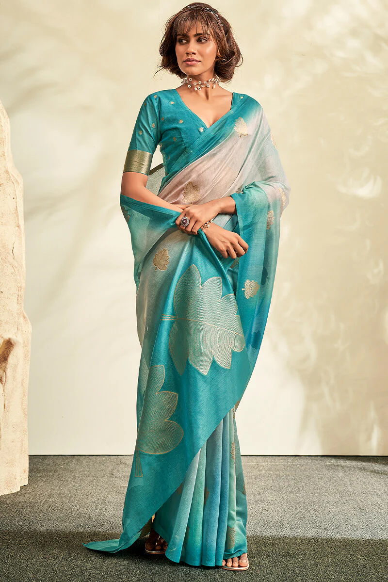 Invaluable Firozi Soft Banarasi Silk Saree With Charming Blouse Piece - Image 3
