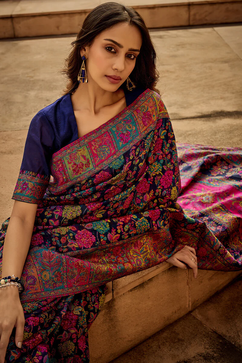 Invaluable Navy Blue Pashmina Saree With Intricate Blouse Piece - Image 3