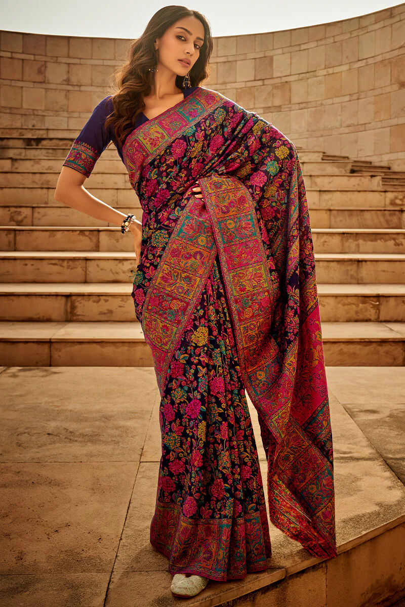 Invaluable Navy Blue Pashmina Saree With Intricate Blouse Piece - Image 4