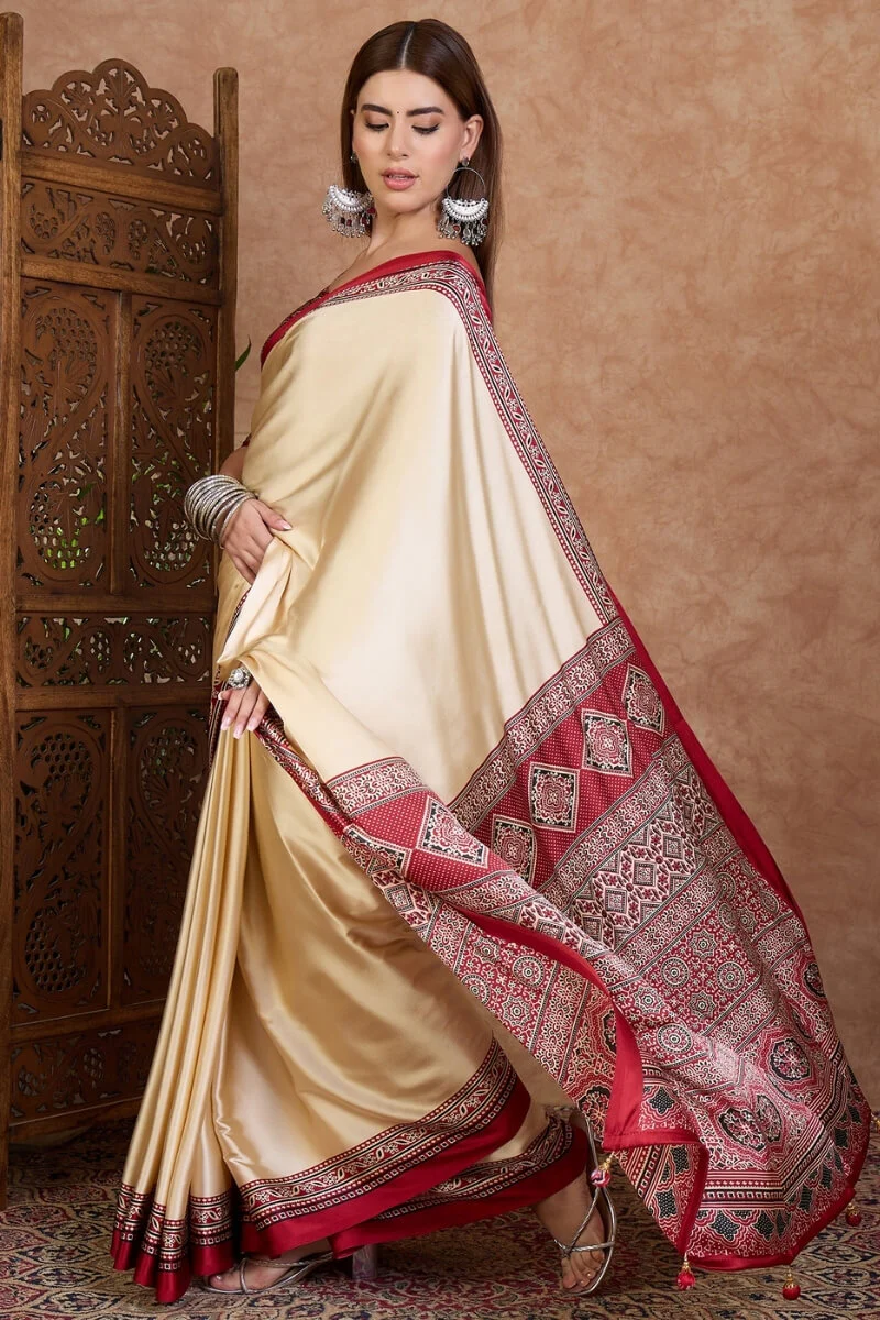 Invaluable Off White Ajrakh Printed Semi Modal Silk Saree With Capricious Blouse Piece - Image 3