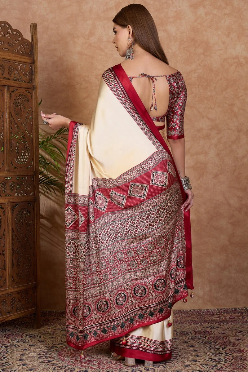 Invaluable Off White Ajrakh Printed Semi Modal Silk Saree With Capricious Blouse Piece - Image 7