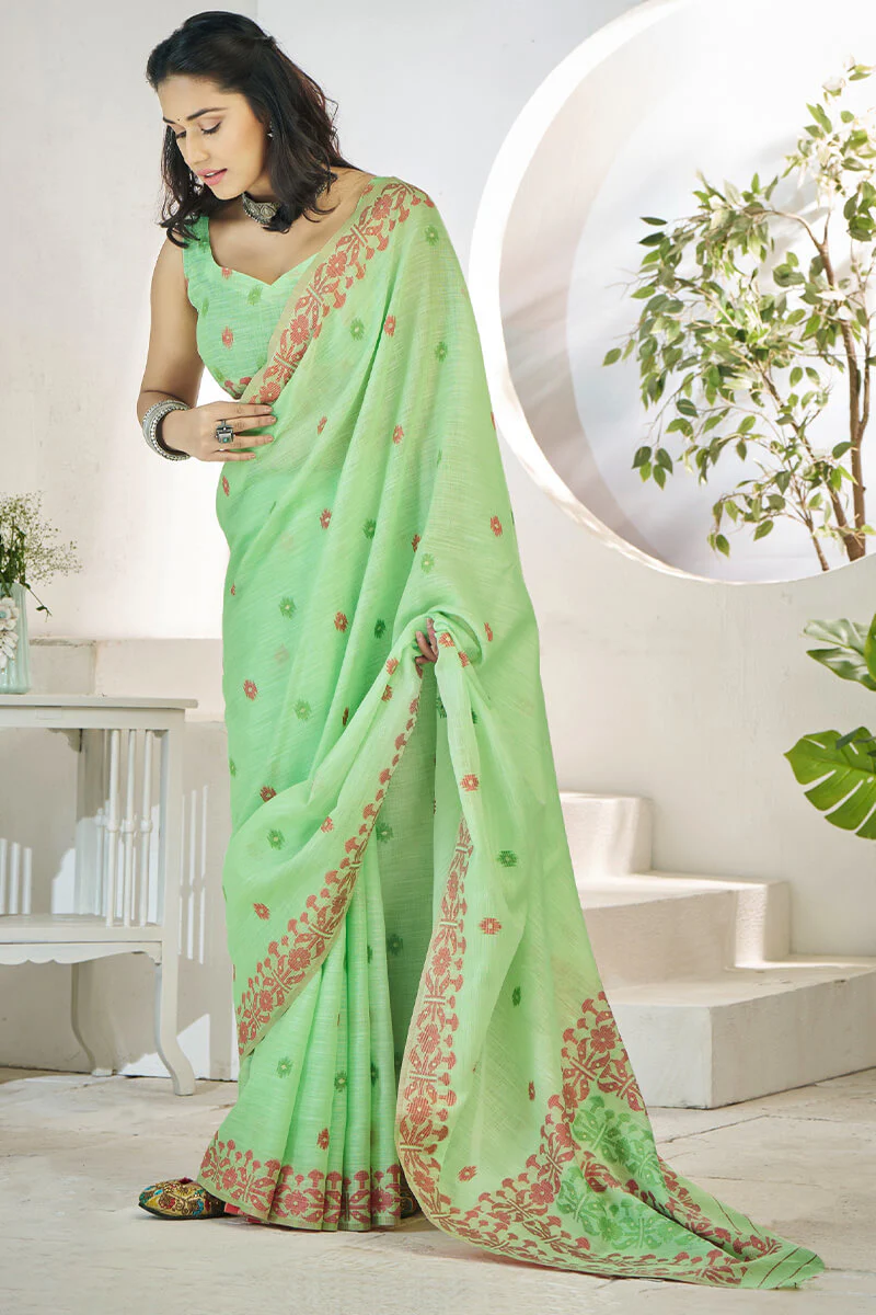 Invaluable Pista Cotton Silk Saree With Hypnotic Blouse Piece - Image 3