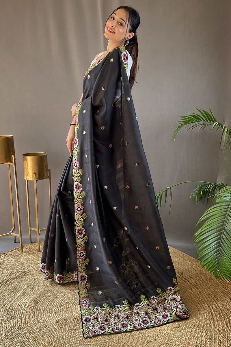 Jazzy Black Embroidery Work Tussar Silk Saree With Girlish Blouse Piece - Image 3