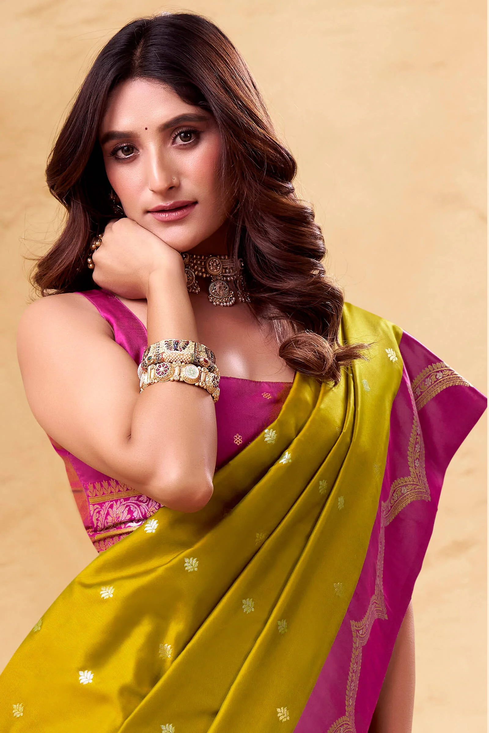Jazzy Mustard Banarasi Satin Silk Saree With Luminous Blouse - Image 3