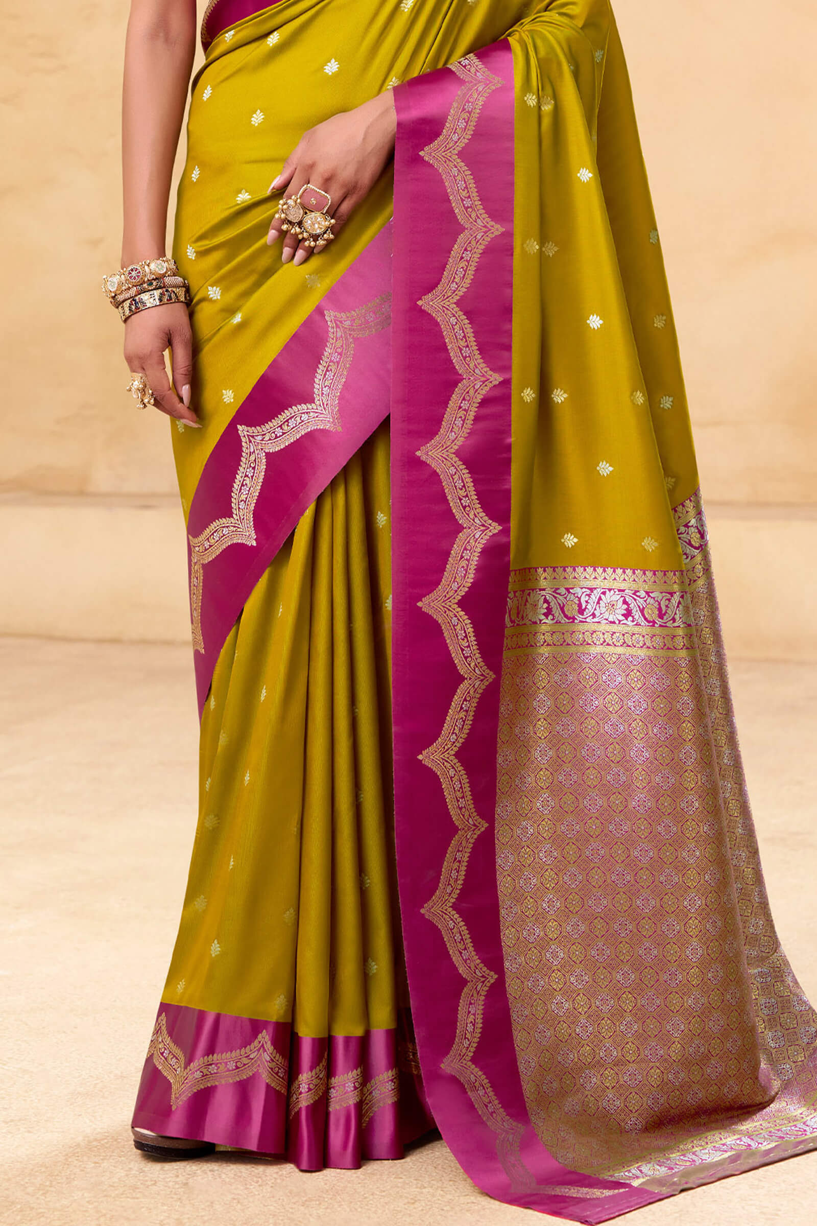 Jazzy Mustard Banarasi Satin Silk Saree With Luminous Blouse - Image 5