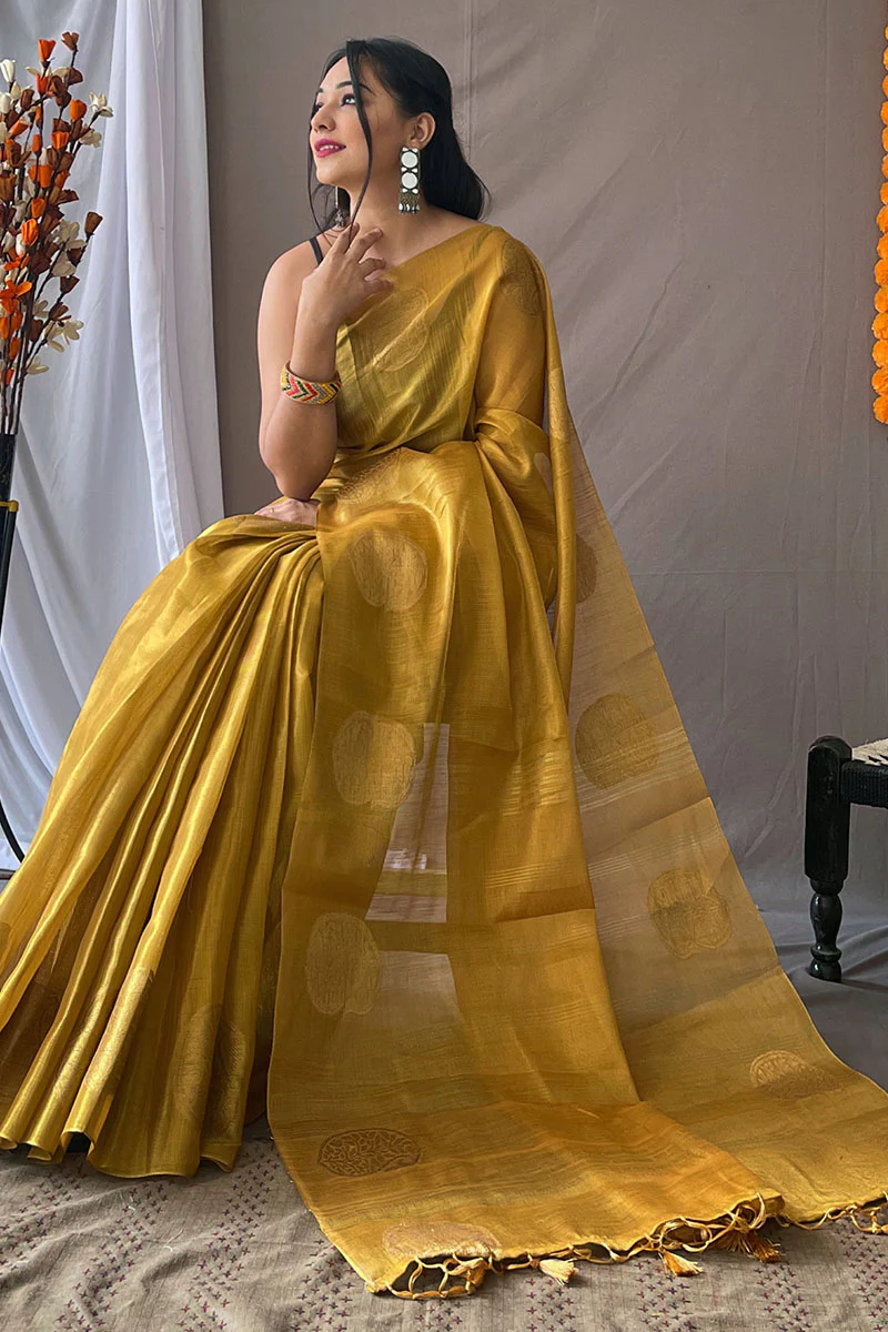 Jazzy Mustard Soft Banarasi Tissue Silk Saree With Majesty Blouse Piece - Image 3