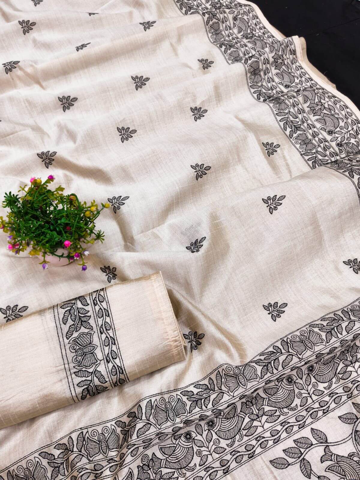 Jazzy Off White Embroidery Work Tussar Silk Saree With Sempiternal Blouse Piece - Image 2