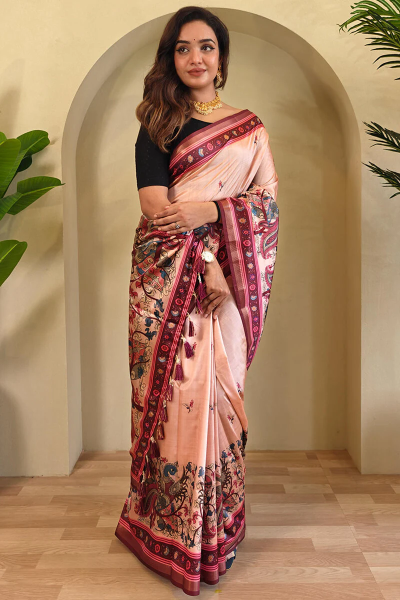 Jazzy Peach Kalamkari Printed Viscose Dola Silk Saree With Unique Blouse Piece - Image 3
