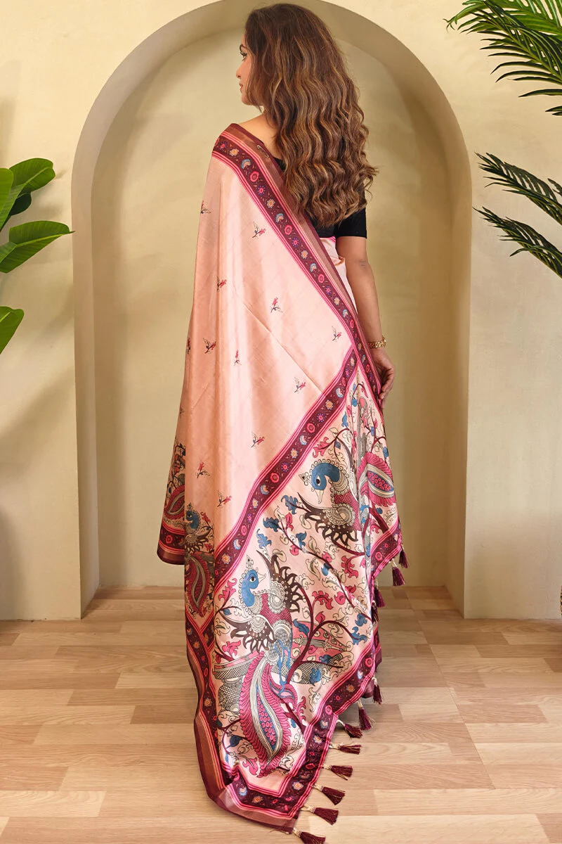 Jazzy Peach Kalamkari Printed Viscose Dola Silk Saree With Unique Blouse Piece - Image 4