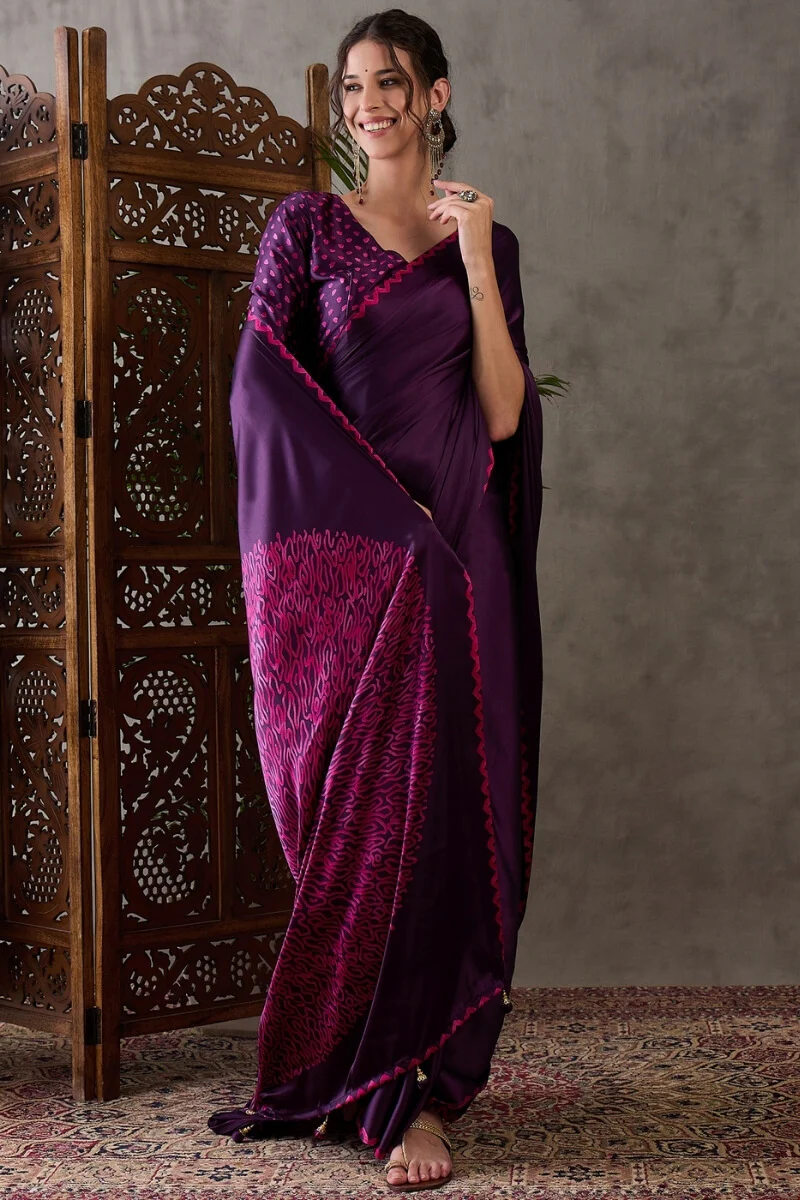 Jazzy Purple Ajrakh Printed Semi Modal Silk Saree With Ideal Blouse Piece - Image 3