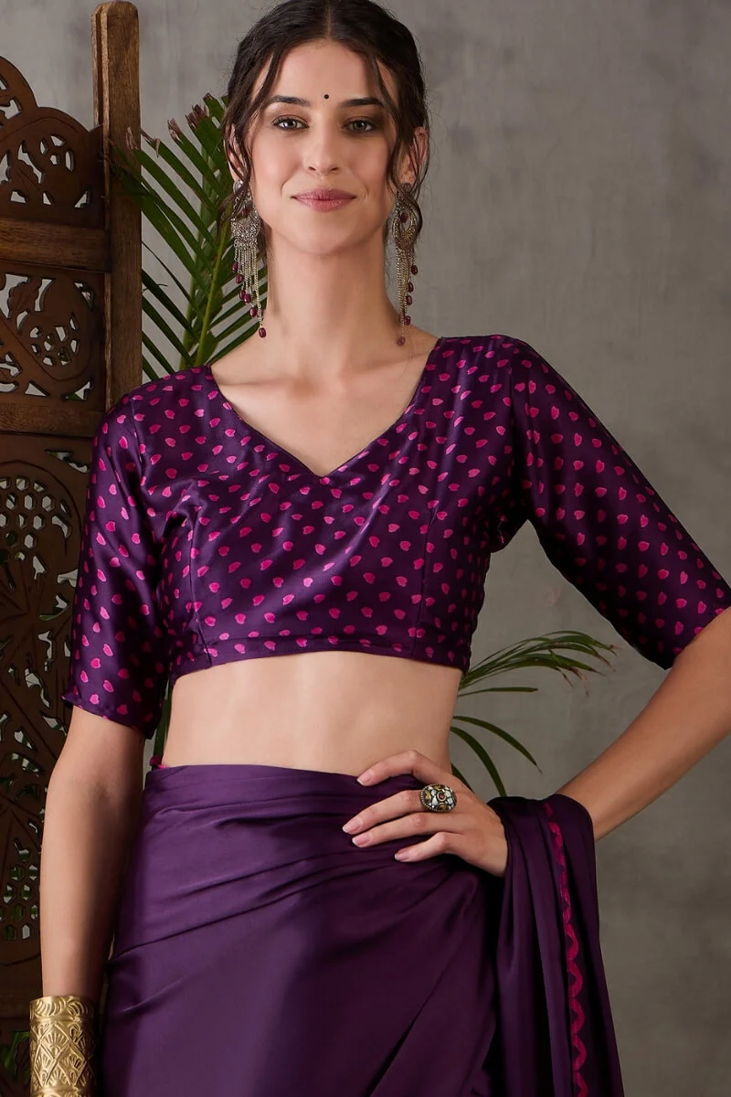 Jazzy Purple Ajrakh Printed Semi Modal Silk Saree With Ideal Blouse Piece - Image 4