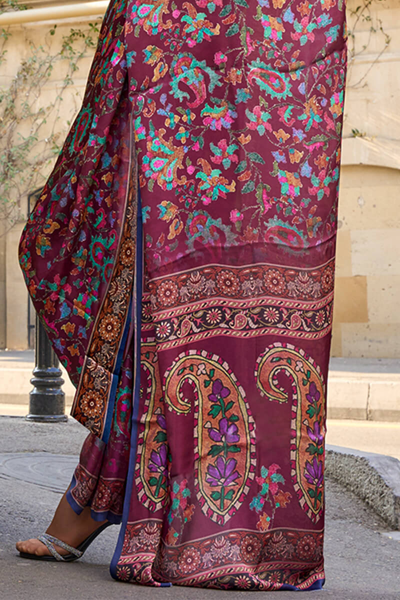 Jazzy Purple Digital Printed Satin Silk Saree With Adorable Blouse Piece - Image 3