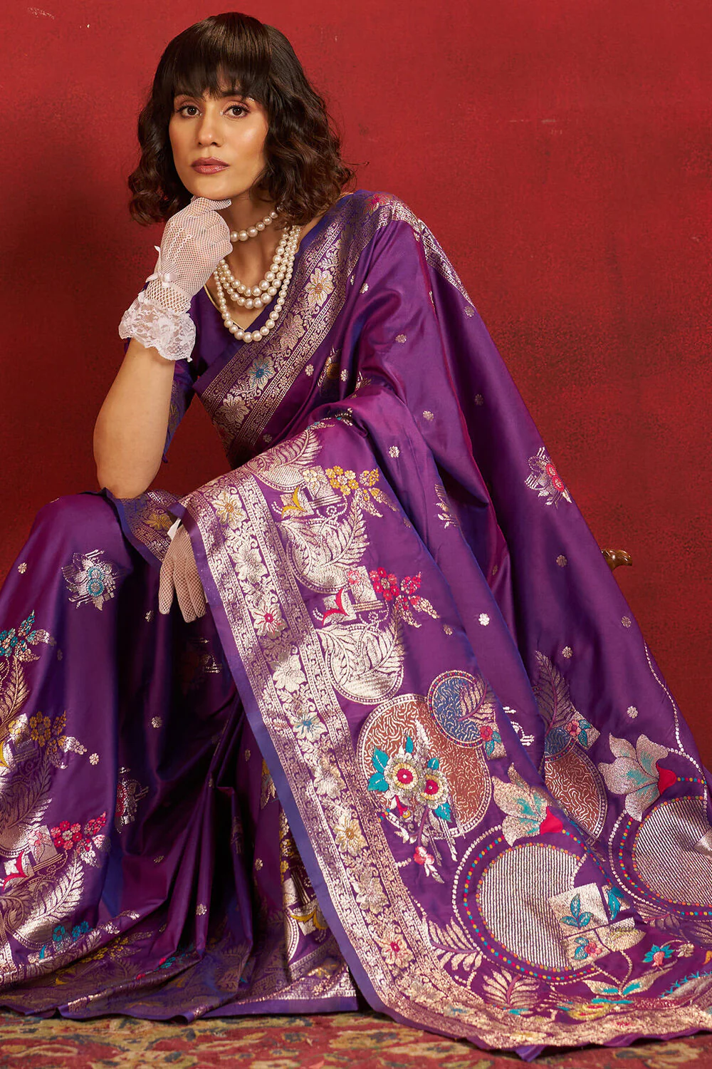 Jazzy Purple Pure Zari Weaving Banarasi Silk Saree With Designer Blouse Piece - Image 3