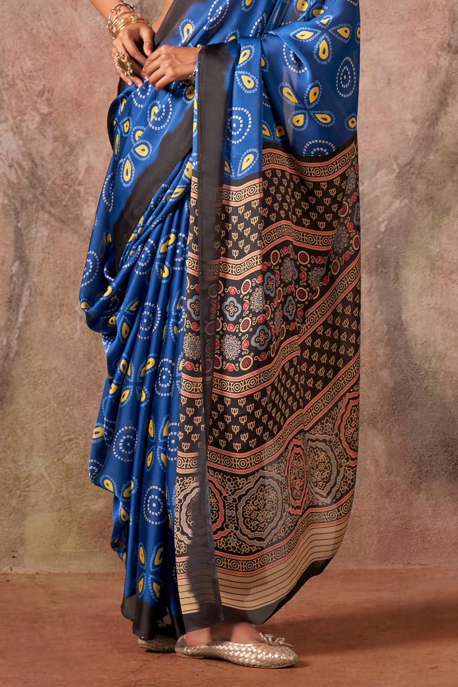 Jazzy Royal Blue Ajrakh Printed Satin Silk Saree With Captivating Blouse Piece - Image 3
