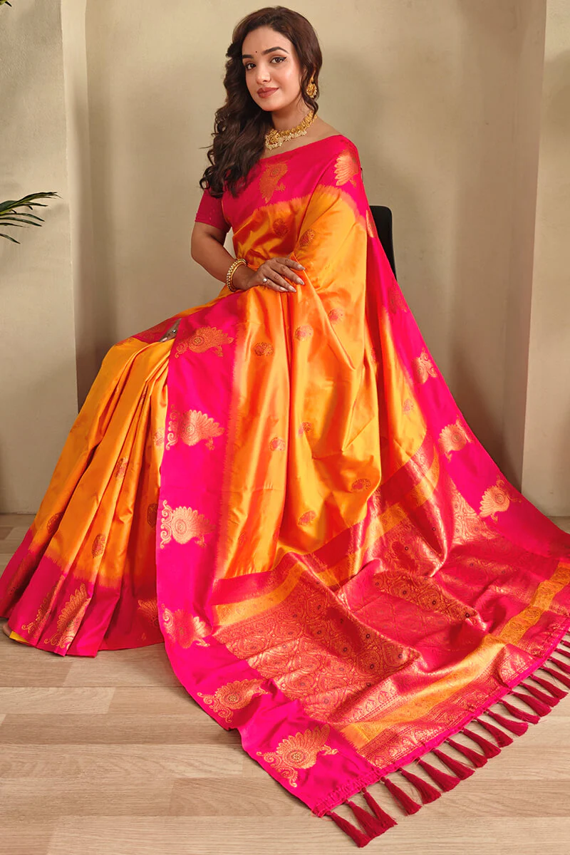 Jazzy Yellow Soft Banarasi Silk Saree With Effulgent Blouse Piece - Image 2
